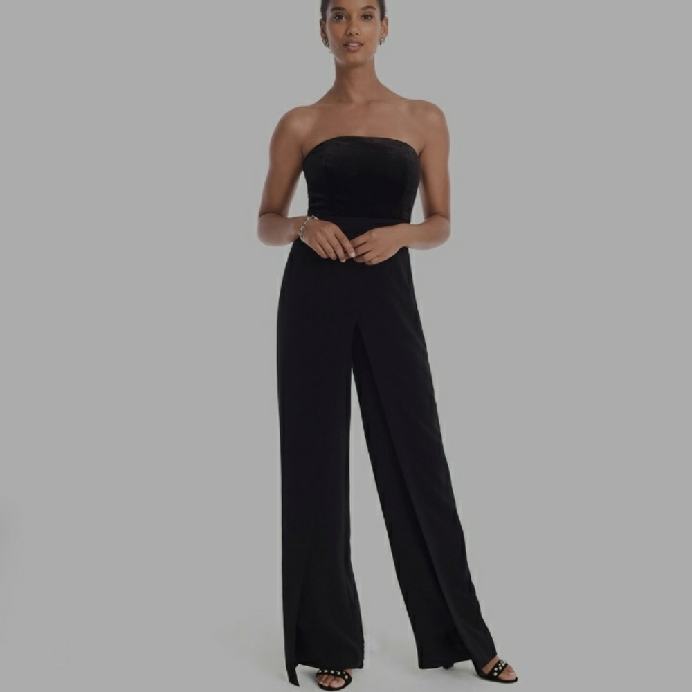 WHBM Black Strapless Velvet Bodice Split-Leg Jumpsuit